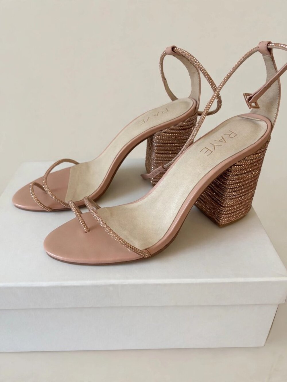 RAYE Blush Nude Rhinestone Block Heel Sandals